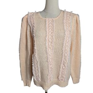 Shenanigans Light Peach Vintage Floral Lace Trimmed  Sweater